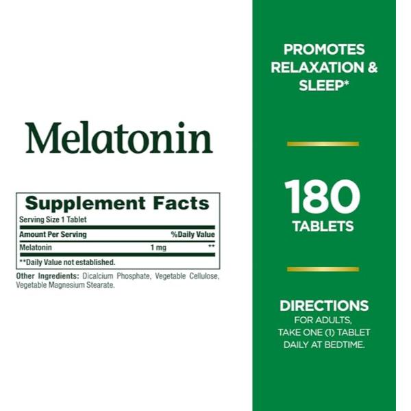 Nature's Bounty Melatonin, 100% Drug Free Sleep Aid, Promotes Relaxation and Sleep Health, 1mg, 180 Tablets