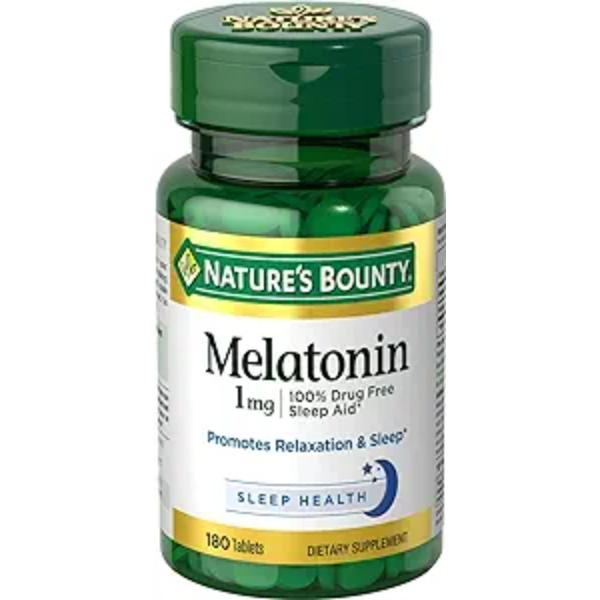 Nature's Bounty Melatonin, 100% Drug Free Sleep Aid, Promotes Relaxation and Sleep Health, 1mg, 180 Tablets