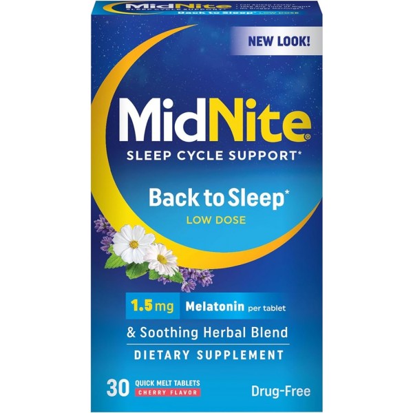 MidNite Drug-Free Sleep Aid, Chewable Tablets, Cherry Flavored, 30 Count, Melatonin & Herbs Dietary Supplement