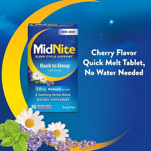 MidNite Drug-Free Sleep Aid, Chewable Tablets, Cherry Flavored, 30 Count, Melatonin & Herbs Dietary Supplement