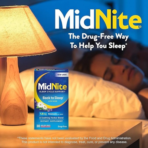 MidNite Drug-Free Sleep Aid, Chewable Tablets, Cherry Flavored, 30 Count, Melatonin & Herbs Dietary Supplement