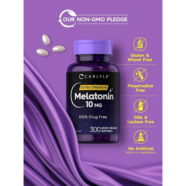 Carlyle Melatonin 10mg 300 Softgels  for Adults  Non-GMO, Gluten Free Supplement