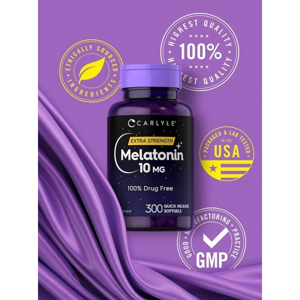 Carlyle Melatonin 10mg 300 Softgels  for Adults  Non-GMO, Gluten Free Supplement