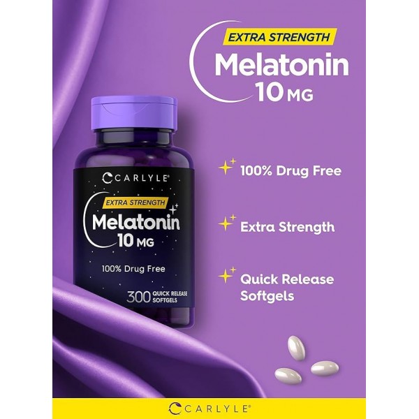 Carlyle Melatonin 10mg 300 Softgels  for Adults  Non-GMO, Gluten Free Supplement