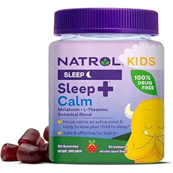 Natrol Kids Sleep Calm, Melatonin and L-Theanine, Supplement for Restful Sleep and Calming, Sleep Gummies for Kids, 60 Strawberry-Flavored Melatonin Gummies, 60 Day Supply