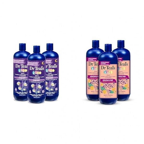 Dr Teal's Kids 3-in-1 Sleep Bath & Boost & Renew Elderberry, 3 Pack Each, 591 ml (Total 6 Bottles)