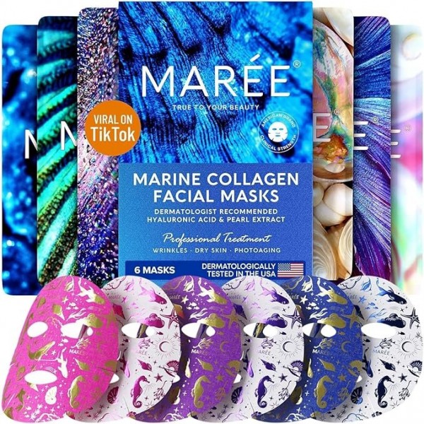 MAREE Facial Masks – Marine Collagen & Hyaluronic Acid, Algae Extracts, Pearl Extract, 6 Pack