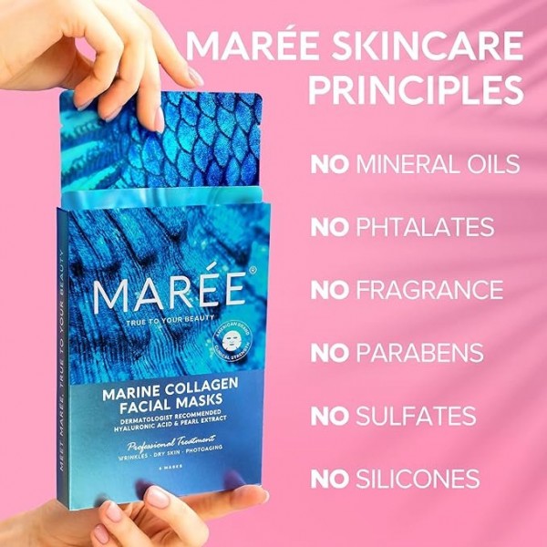 MAREE Facial Masks – Marine Collagen & Hyaluronic Acid, Algae Extracts, Pearl Extract, 6 Pack