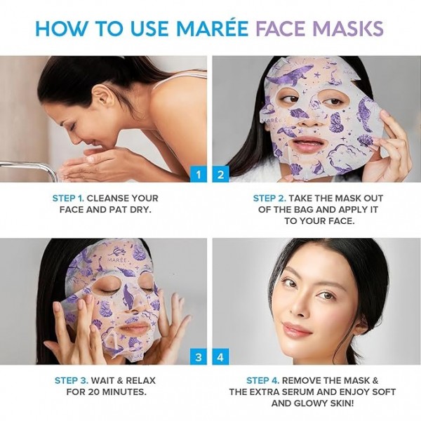 MAREE Facial Masks – Marine Collagen & Hyaluronic Acid, Algae Extracts, Pearl Extract, 6 Pack