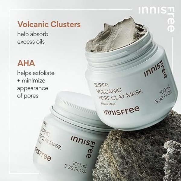 innisfree Super Volcanic Pore Clay Mask – Korean Pore Clearing with Volcanic Clusters and AHA, 100 ml