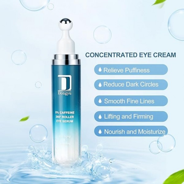 Dongyu 5% Caffeine Eye Serum – Under Eye Roller for Dark Circles, Puffiness, Wrinkles, 15 ml