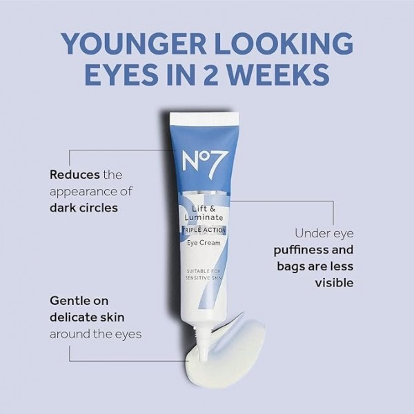 No7 Lift & Luminate Eye Cream – Dark Circles & Puffiness Solution, Shea Butter, Hyaluronic Acid & Ginseng, 15 ml