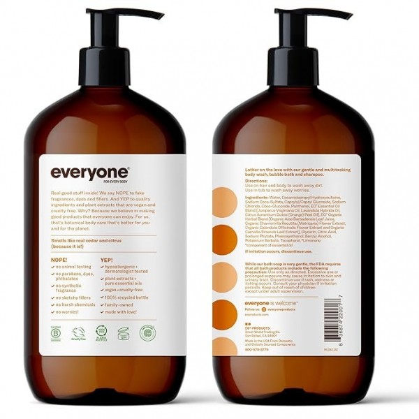 Everyone 3-in-1 Soap, Body Wash, Bubble Bath & Shampoo, Cedar and Citrus, 946 ml (Pack of 2)