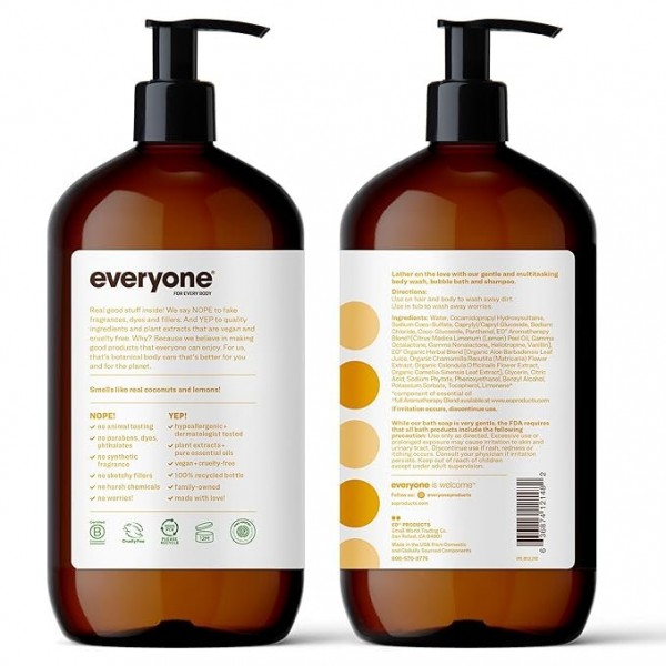 Everyone 3-in-1 Soap, Body Wash, Bubble Bath & Shampoo, Coconut and Lemon, 946 ml (Pack of 2)