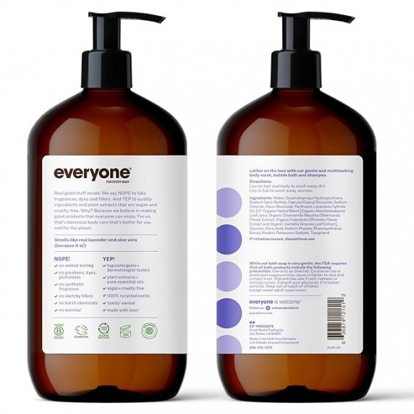 Everyone 3-in-1 Soap, Body Wash, Bubble Bath & Shampoo, Lavender and Aloe, 946 ml (Pack of 2)