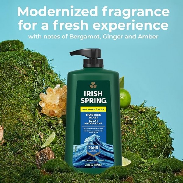 Irish Spring Mens Body Wash, Moisture Blast, 887 ml Pump Bottle