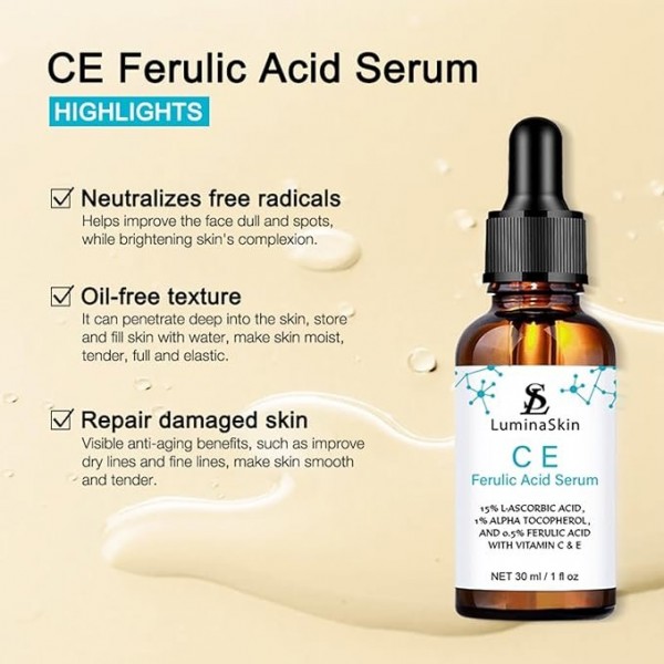 LuminaSkin Ferulic Serum - Vitamin C & E Anti-Aging Treatment, 30ml