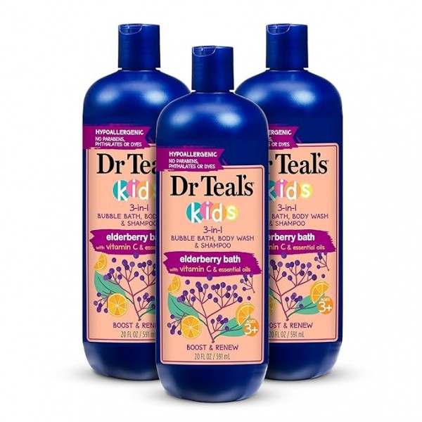 Dr Teals Kids 3-in-1 Sleep Bath & Boost & Renew Elderberry, 3 Pack Each, 591 ml (Total 6 Bottles)