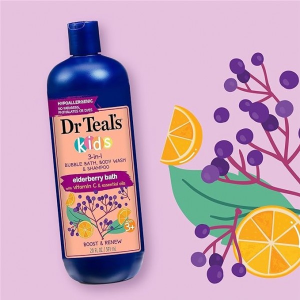 Dr Teals Kids 3-in-1 Sleep Bath & Boost & Renew Elderberry, 3 Pack Each, 591 ml (Total 6 Bottles)