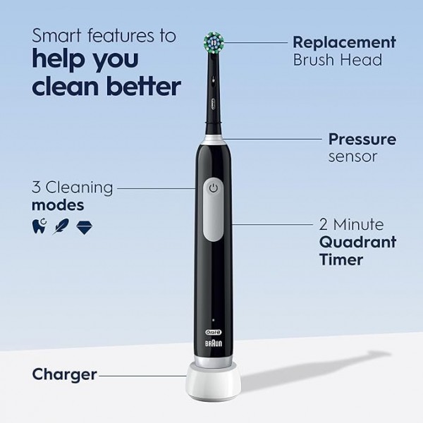 Oral-B Pro 1000 Rechargeable Electric Toothbrush, Black with Pressure Sensor, 3 Modes