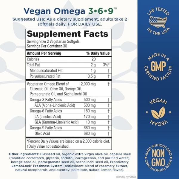 Purity Products Omega 3-6-9 Vegan and Vegetarian Omega Formula – “5 in 1” Essential Fatty Acid Complex, 60 Softgels