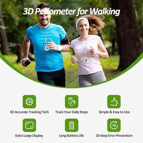 3D Pedometer for Walking with Clip & Lanyard, Accurate Step Counter with Large Display