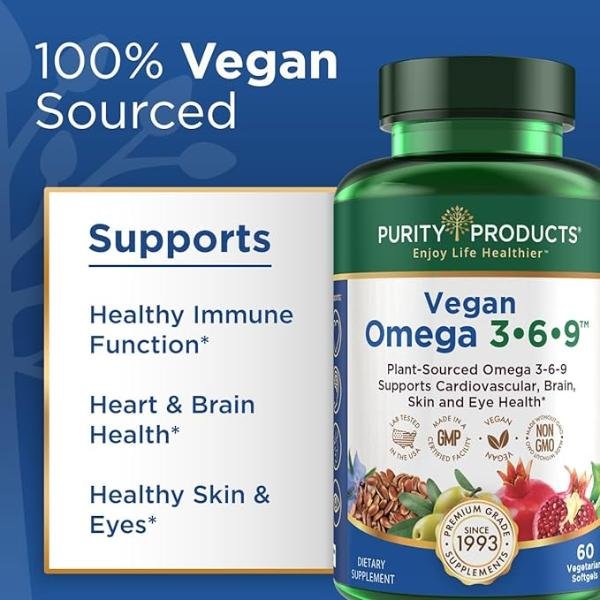 Purity Products Omega 3-6-9 Vegan and Vegetarian Omega Formula – “5 in 1” Essential Fatty Acid Complex, 60 Softgels