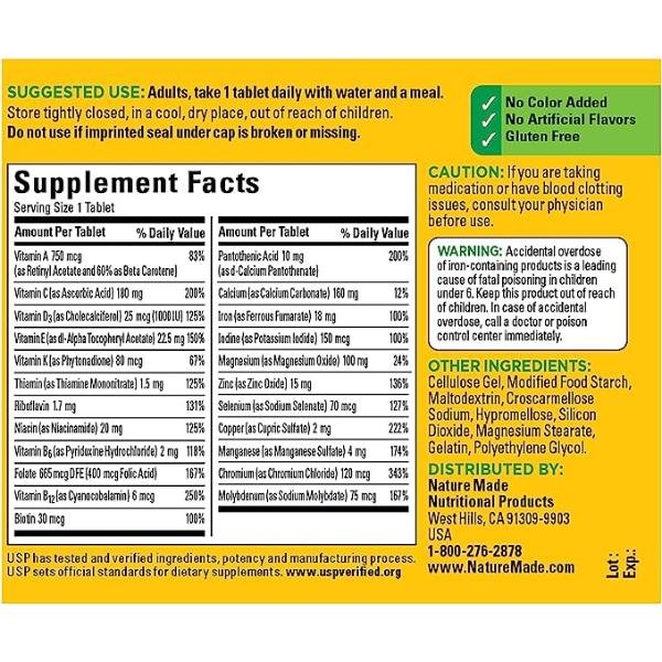 Nature Made Multivitamin Tablets with Iron Multivitamin for Women and Men Daily Nutritional Support 130 Tablets 130   Day Supply Multivitamin