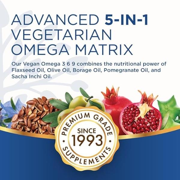 Purity Products Omega 3-6-9 Vegan and Vegetarian Omega Formula – “5 in 1” Essential Fatty Acid Complex, 60 Softgels