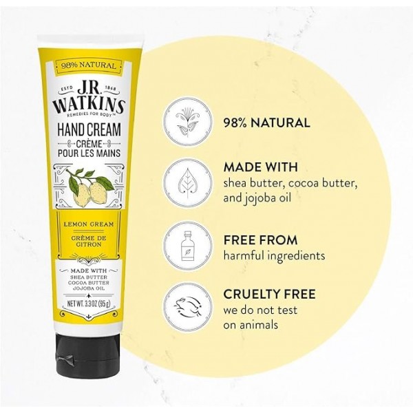 J.R. Watkins Natural Moisturizing Hand Cream, Lemon Cream, 3.3 oz