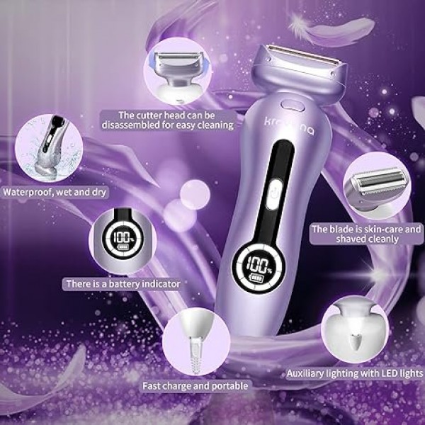 Electric Shaver for Women, Rechargeable Razor for Bikini, Legs, Underarms, Cordless Wet/Dry Use