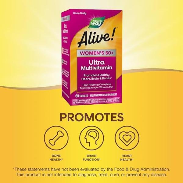 Nature’s Way Alive! Women’s 50+ Ultra Potency Complete Multivitamin High Potency Formula Promotes Healthy Heart Brain Bones Gluten-Free 60 Tablets