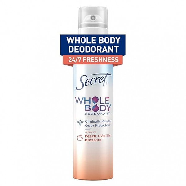 Secret Whole Body Deodorant for Women, Peach & Vanilla Scent, Aluminum-Free Spray, 72 HR Odor Protection, 100 ml