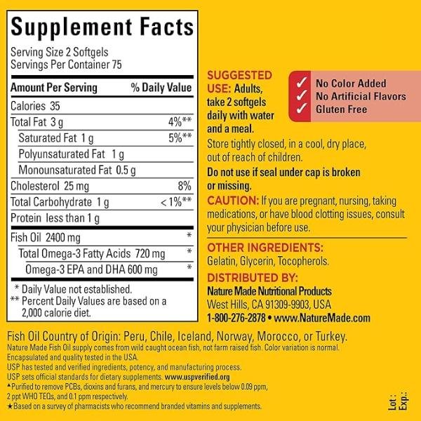 Nature Made Fish Oil Supplements 1200 mg – Omega 3 Fish Oil for Healthy Heart Support, 150 Softgels, 75 Day Supply