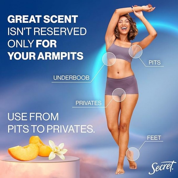 Secret Whole Body Deodorant for Women, Peach & Vanilla Scent, Aluminum-Free Spray, 72 HR Odor Protection, 100 ml