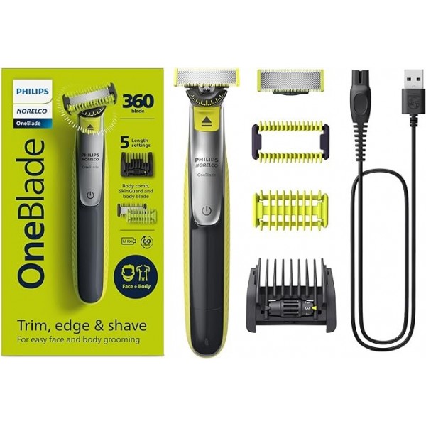 Philips Norelco OneBlade 360 Face + Body Hybrid Electric Razor and Trimmer, QP2834/70