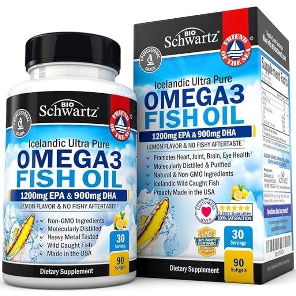 BioSchwartz Omega 3 Fish Oil Supplement – 1200mg EPA and 900mg DHA, Supports Joint, Eyes, Brain & Skin Health, Lemon Flavor, 90 Softgels