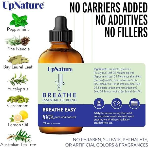 UpNature Breathe Essential Oil Blend - Aromatherapy for Sinus, Allergy, and Cough Relief, 60 ml