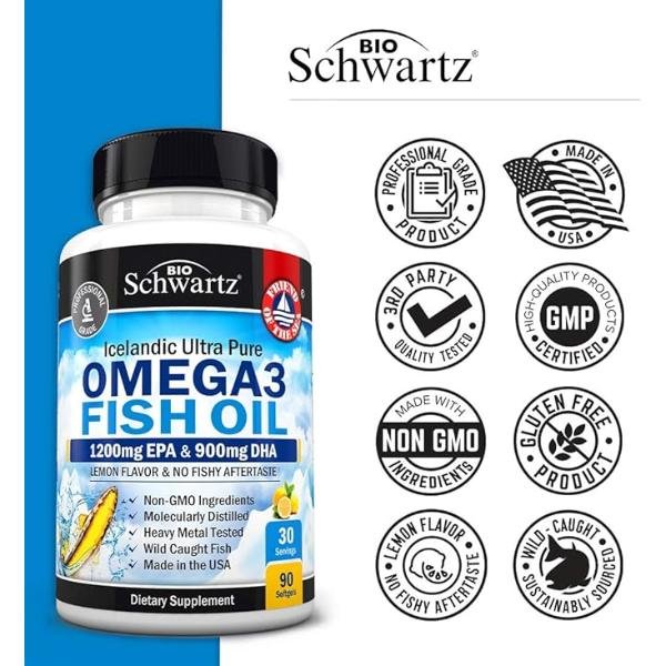 BioSchwartz Omega 3 Fish Oil Supplement – 1200mg EPA and 900mg DHA, Supports Joint, Eyes, Brain & Skin Health, Lemon Flavor, 90 Softgels