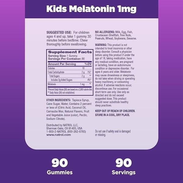 Natrol Kids Melatonin 1mg Gummies, 90 Raspberry-Flavored Gummies, 90 Day Supply