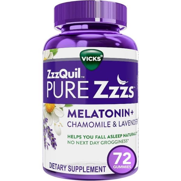 ZzzQuil PURE Zzzs Melatonin Sleep Aid Gummies, Wildberry Vanilla Flavor, 1mg per Gummy, 72 Count