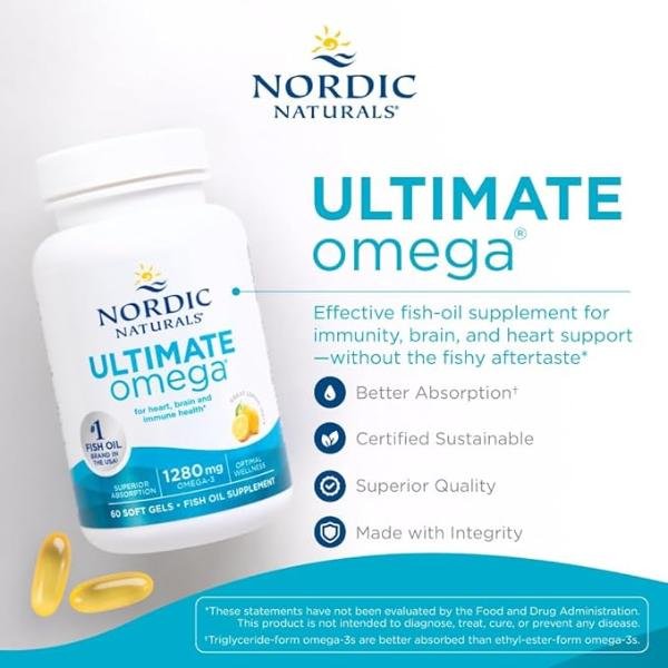 Nordic Naturals Ultimate Omega, Lemon Flavor – 60 Soft Gels, 1280 mg Omega-3 – High-Potency Fish Oil with EPA & DHA, 30 Servings