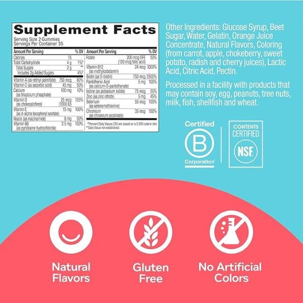 OLLY Teen Girl Multi Gummy Healthy Skin Immune Support Vitamins Biotin Zinc Calcium Berry Melon 70 Count