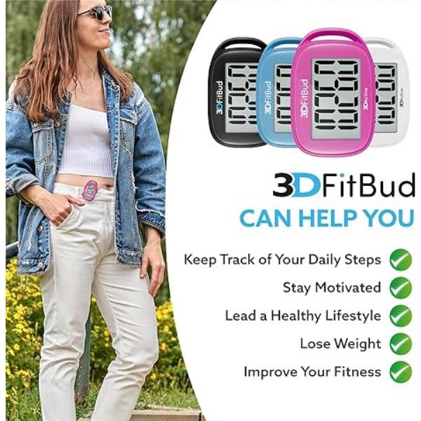 3DFitBud Simple Step Counter Walking 3D Pedometer with Clip and Lanyard