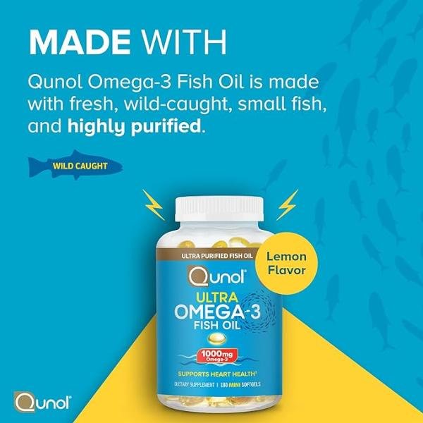 Qunol Fish Oil Omega 3 Mini Softgels – 1000mg, 180 Count, Lemon Flavor