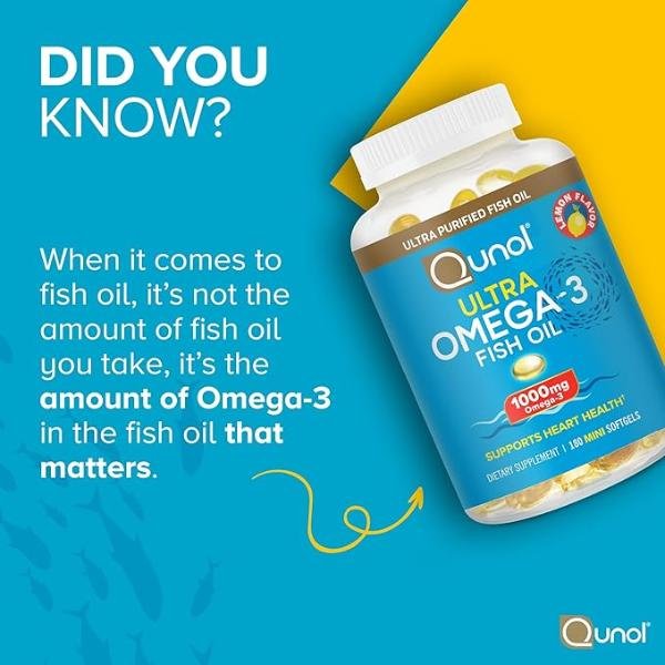 Qunol Fish Oil Omega 3 Mini Softgels – 1000mg, 180 Count, Lemon Flavor