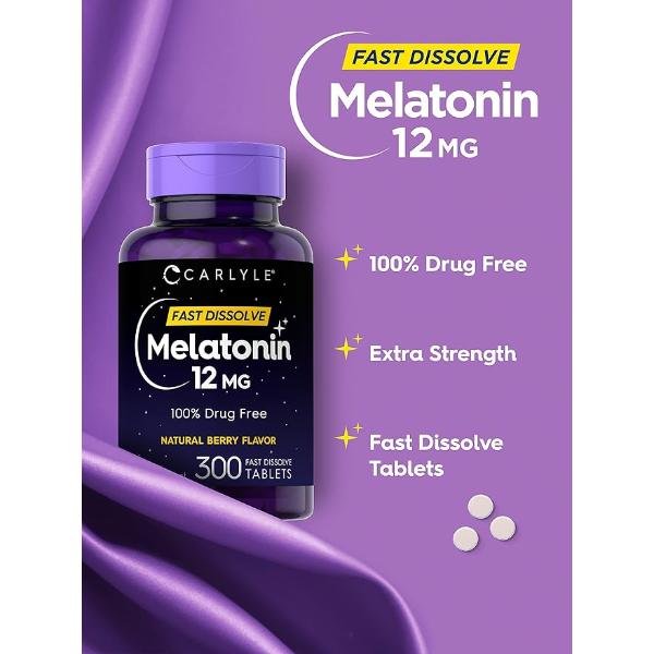 Carlyle Melatonin 12mg Fast Dissolve Tablets, Natural Berry Flavor, 300 Count