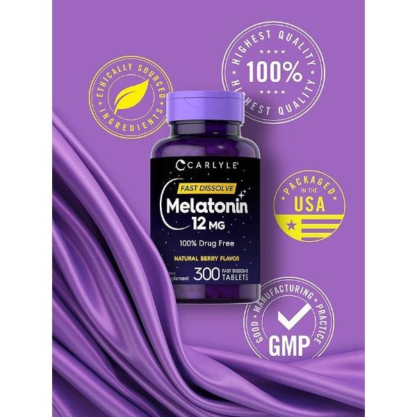 Carlyle Melatonin 12mg Fast Dissolve Tablets, Natural Berry Flavor, 300 Count