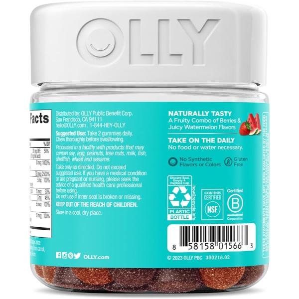 OLLY Teen Girl Multi Gummy Healthy Skin Immune Support Vitamins Biotin Zinc Calcium Berry Melon 70 Count