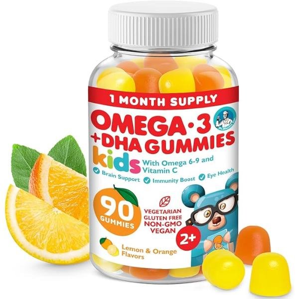 Kids Omega 3 Gummies with DHA, 90 Count, Heart & Brain Support, No Fish Oil, Gluten-Free